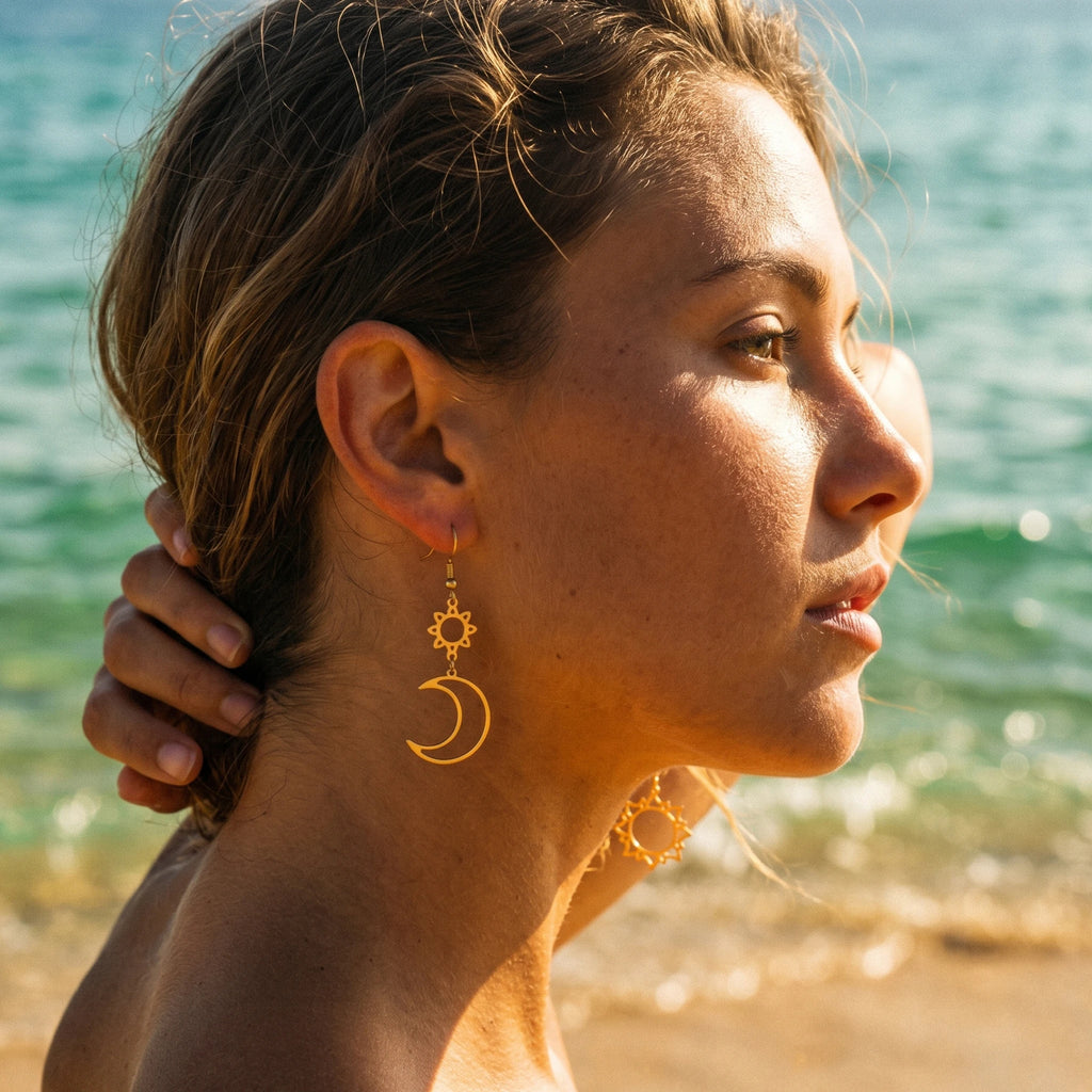 QIAOREN 10961 Minimalist Celestial Pendant Earrings 18K Gold Plated High Polished Stainless Steel Boho Beach Statement Earrings