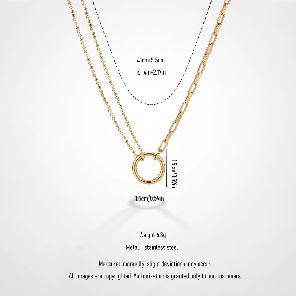 QIAOREN 13464 Circle Pendant Necklace with Ball Bead Chain & Paperclip Link Chain, Minimalist Layering Neck Jewelry Gift
