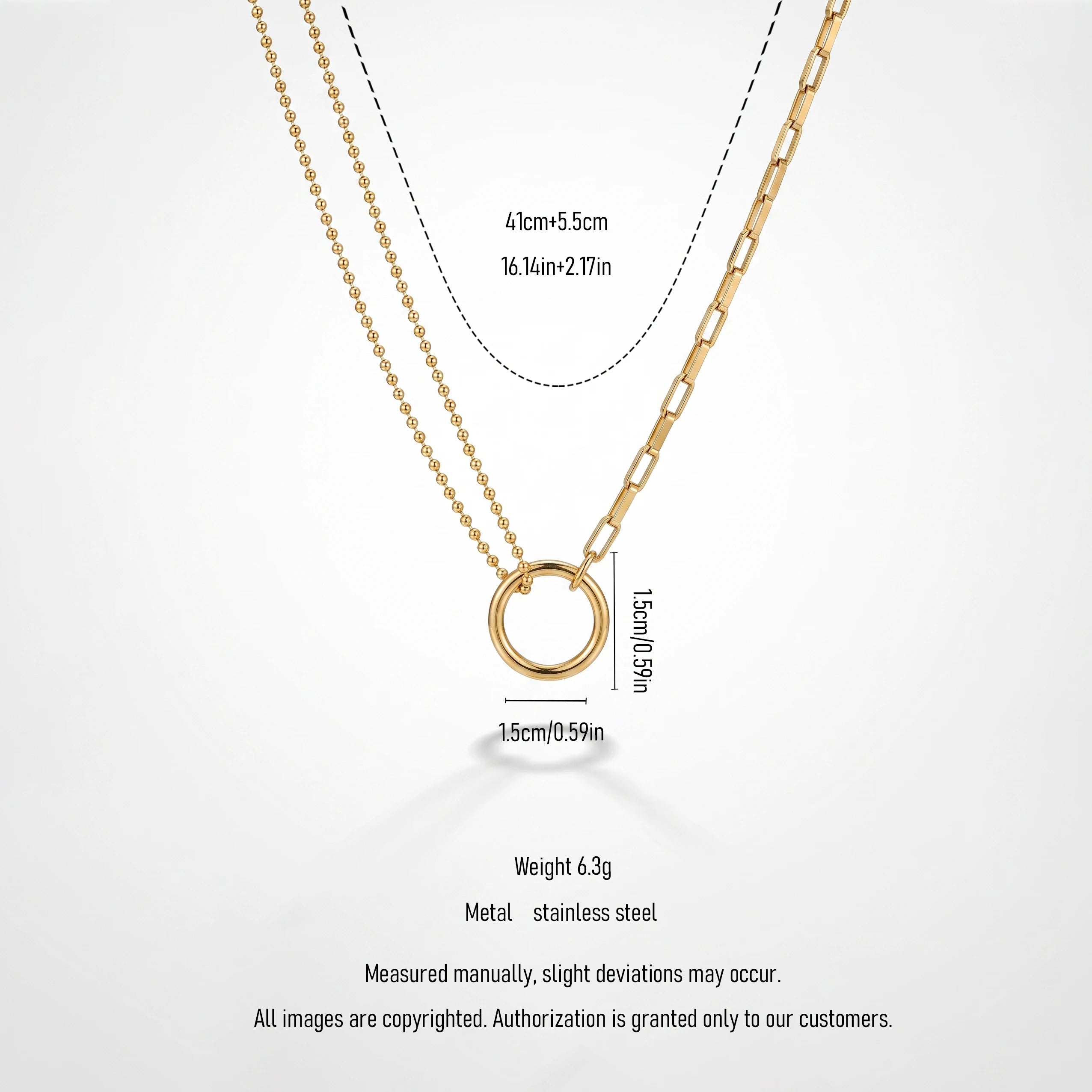 QIAOREN 13464 Circle Pendant Necklace with Ball Bead Chain & Paperclip Link Chain, Minimalist Layering Neck Jewelry Gift