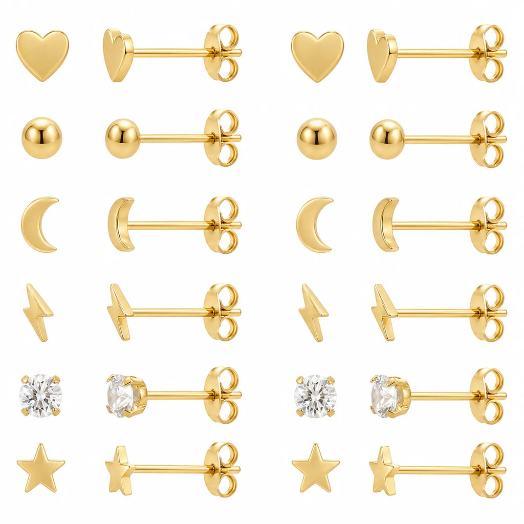 QIAOREN 12615-24 Multi Shape Tiny Stud Earrings Set 18K Gold Stainless Steel Heart Moon Star Ball Lightning CZ Piercing Jewelry