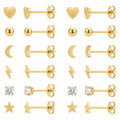 QIAOREN 12615-24 Multi Shape Tiny Stud Earrings Set 18K Gold Stainless Steel Heart Moon Star Ball Lightning CZ Piercing Jewelry