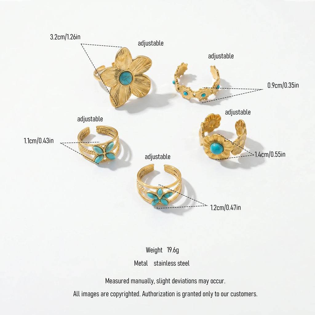 QIAOREN 13166-70 5Pcs Gold Stainless Steel Turquoise Open Ring Set Irregular Hammered Crown Adjustable Boho Stackable Rings