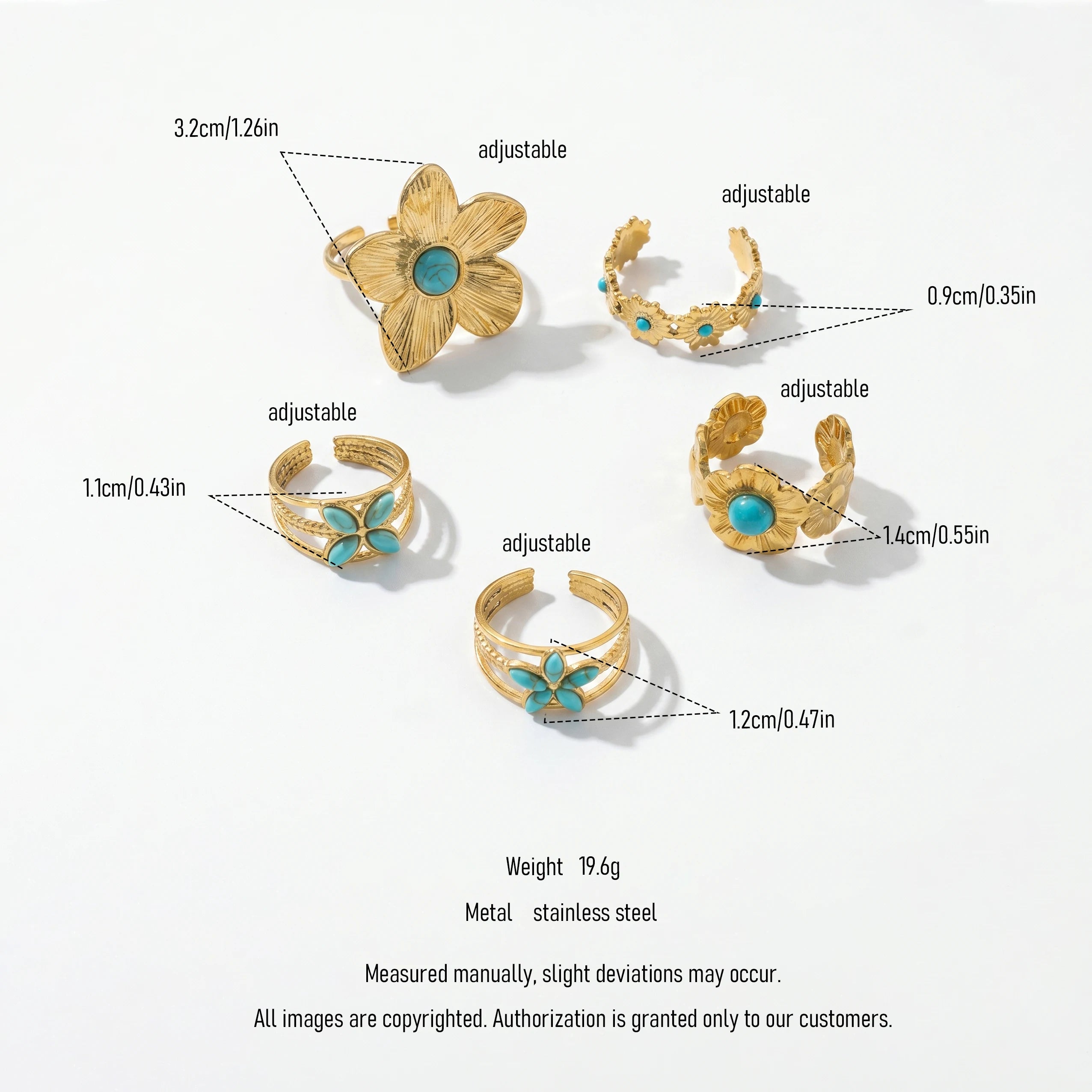 QIAOREN 13166-70 5Pcs Gold Stainless Steel Turquoise Open Ring Set Irregular Hammered Crown Adjustable Boho Stackable Rings