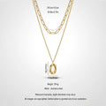 QIAOREN 13988 Double Layer Stacked Necklace with Paperclip Top Chain & Irregular Hollow Oval Pendant Inlaid Tiny CZ