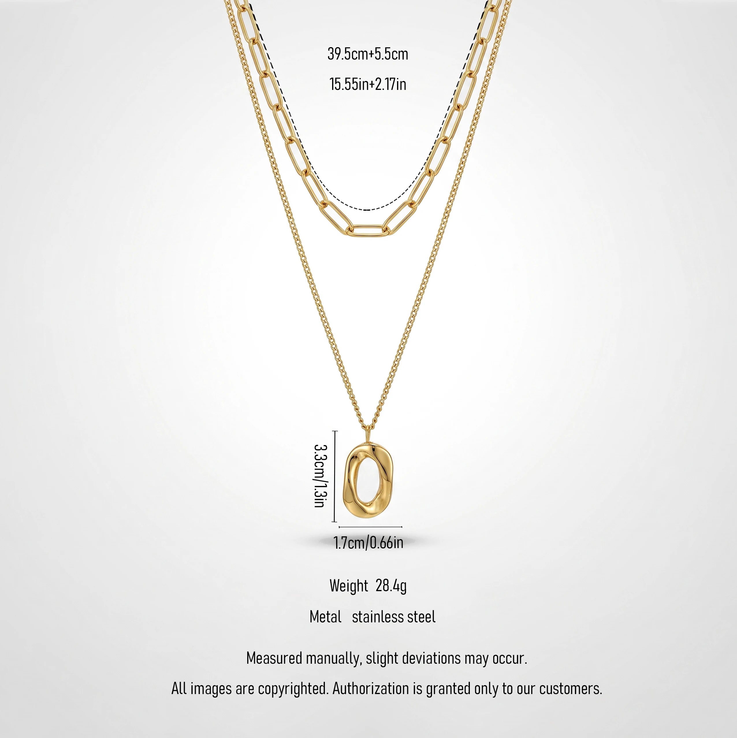 QIAOREN 13988 Double Layer Stacked Necklace with Paperclip Top Chain & Irregular Hollow Oval Pendant Inlaid Tiny CZ