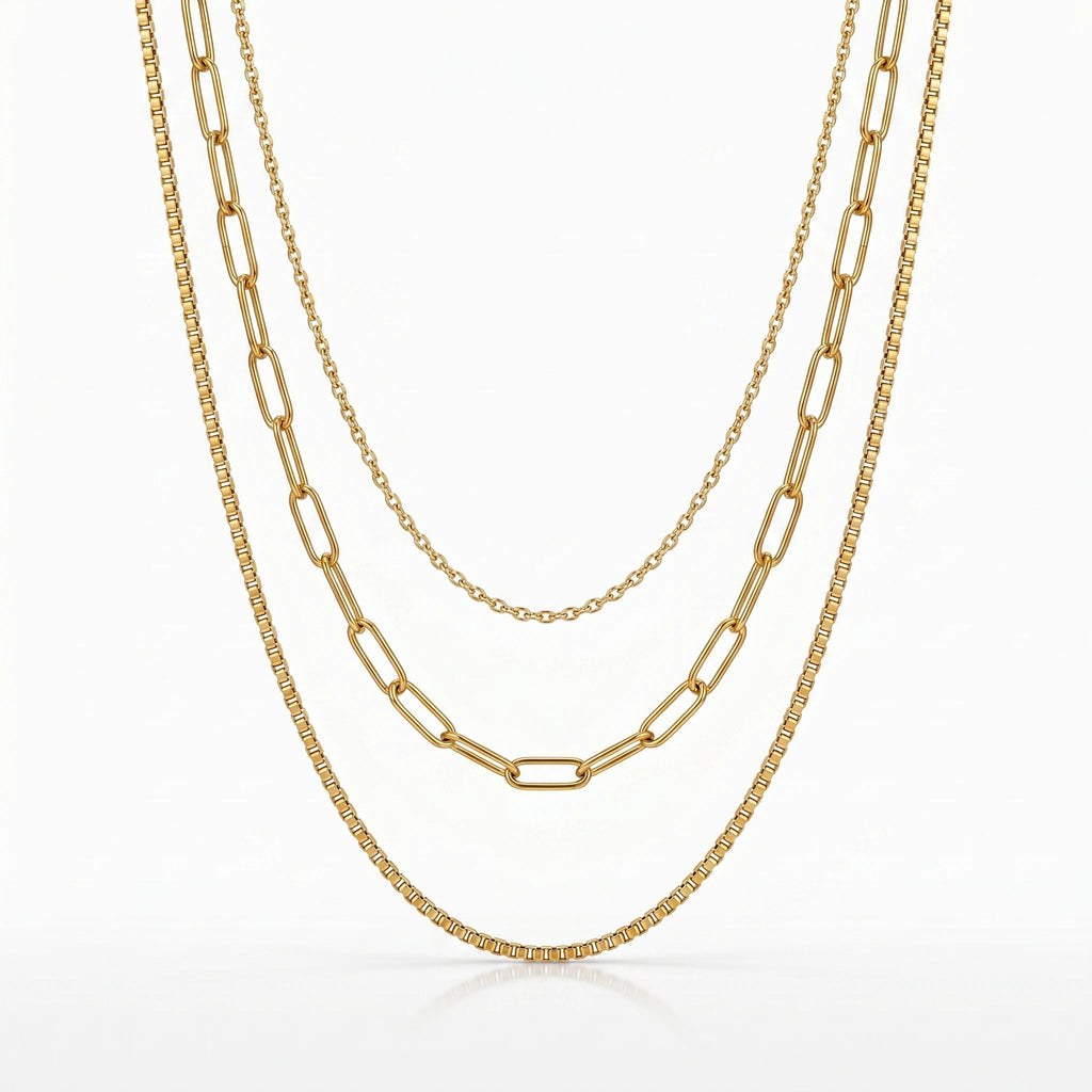 QIAOREN 10590 3 Layered Paperclip Chain Necklace 18K Gold Plated Stainless Steel Waterproof Tarnish Free Trendy Jewelry
