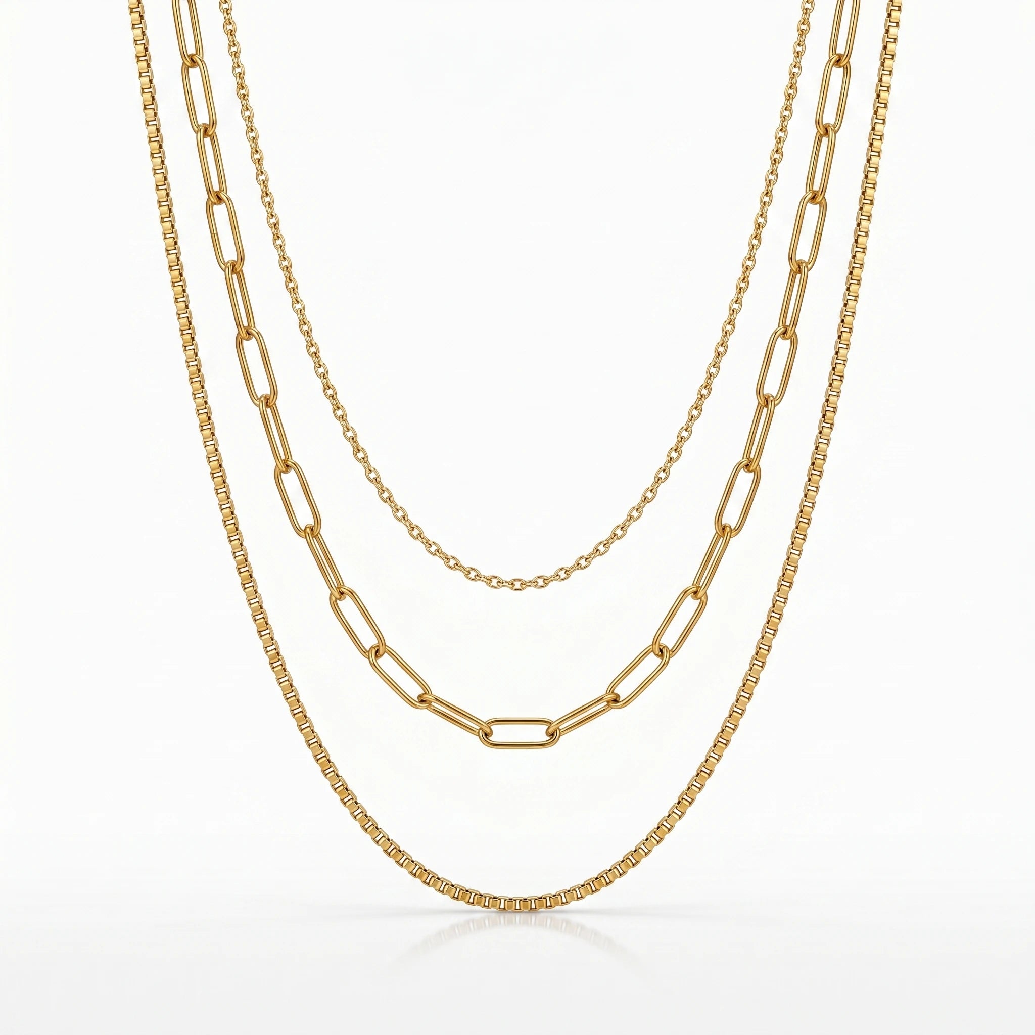 QIAOREN 10590 3 Layered Paperclip Chain Necklace 18K Gold Plated Stainless Steel Waterproof Tarnish Free Trendy Jewelry