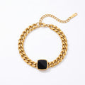 QIAOREN 10786 18K Gold Plated Stainless Steel Cuban Bracelet Black Square Onyx Pendant Waterproof Non Tarnish Adjustable Jewelry