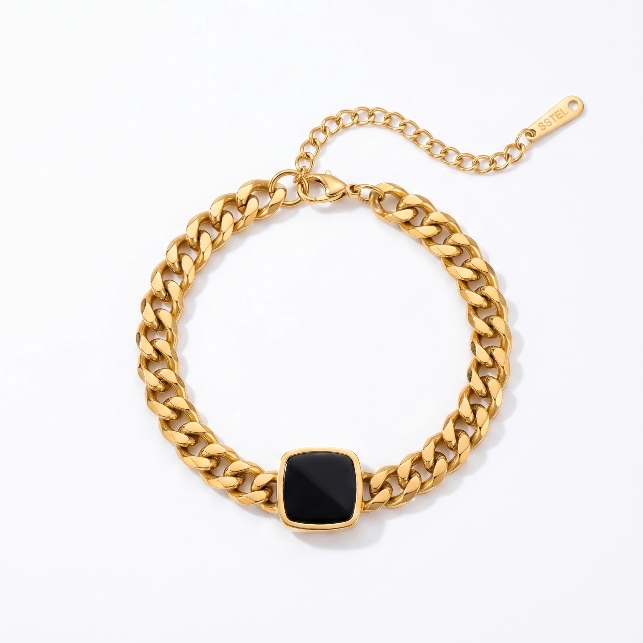 QIAOREN 10786 18K Gold Plated Stainless Steel Cuban Bracelet Black Square Onyx Pendant Waterproof Non Tarnish Adjustable Jewelry