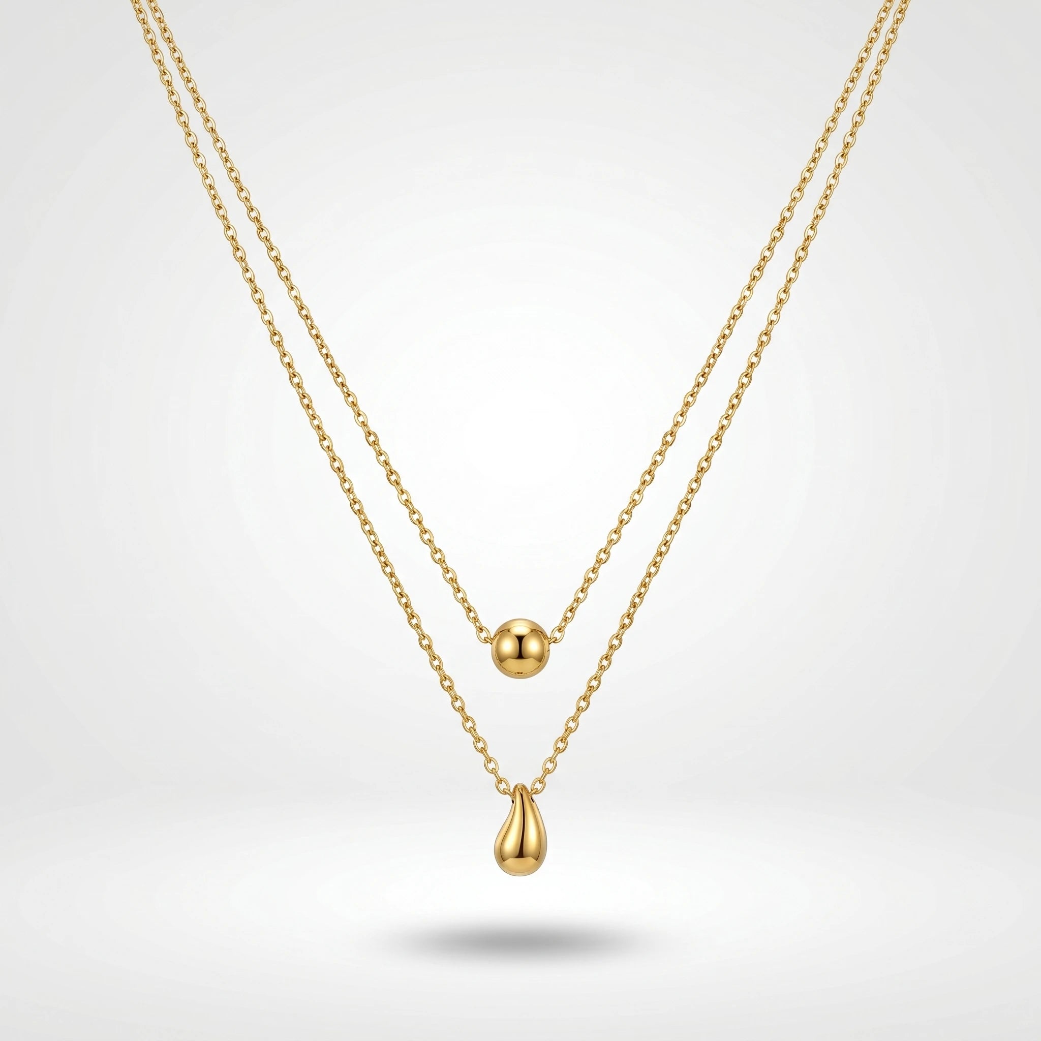 QIAOREN 10582 Water Drop Bead Double Layer Necklace 18K Gold Plated Stainless Steel Waterproof Tarnish Free Trendy Jewelry