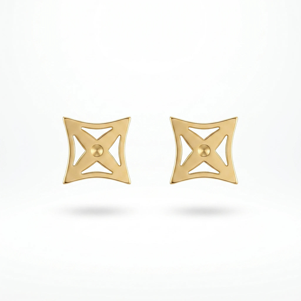 QIAOREN 13255 3 PCS Set  18K Gold Plated Stainless Steel Stud Earrings Set Hollow Square, Round CZ, Teardrop Tiny Ear Studs