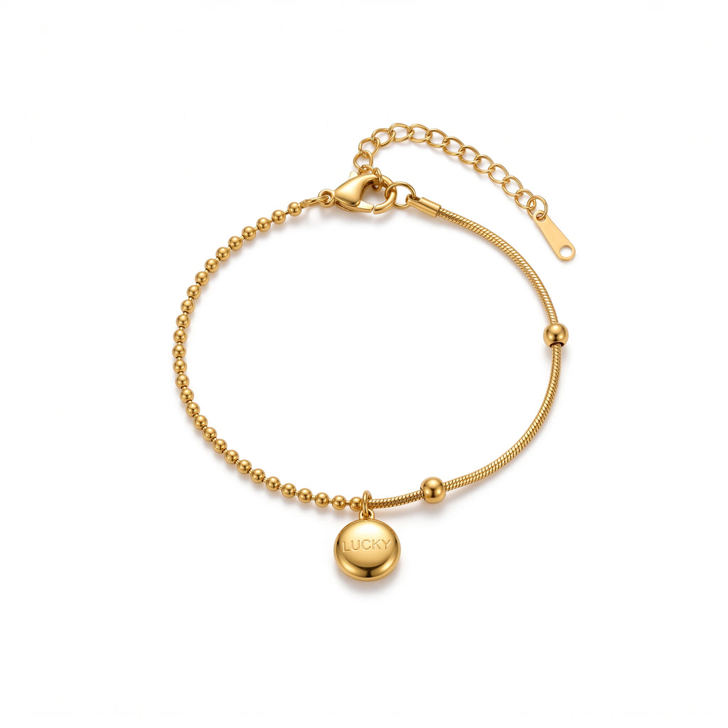 QIAOREN 13771 Asymmetric Dual Link Bracelet with Ball Bead Chain & Snake Wire Mixed Design, Engraved LUCKY Round Disc Charm