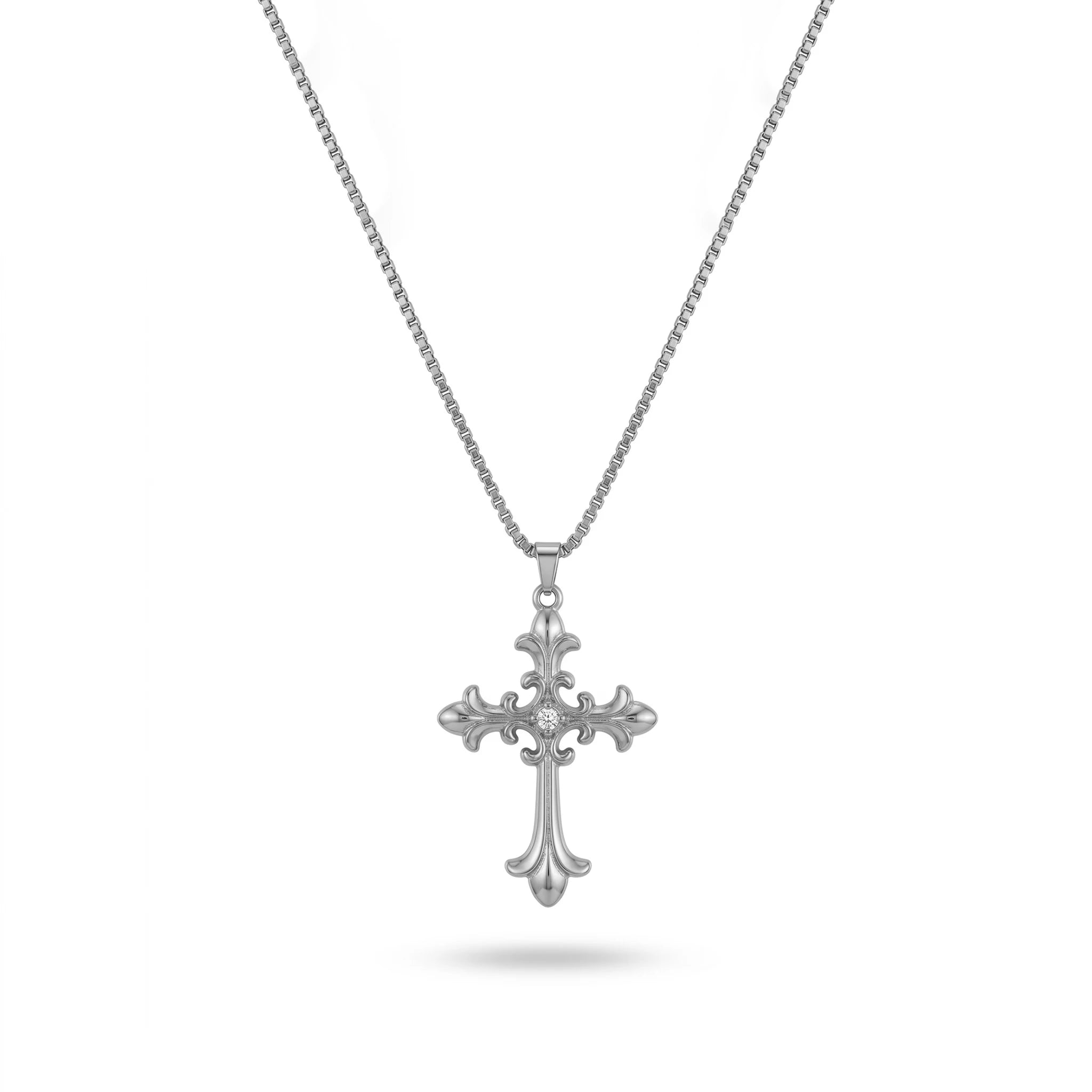 QIAOREN 13157 Gold Plated Vintage Cross Pendant Necklace Stainless Steel Gothic Christian CZ Necklace for Women Men