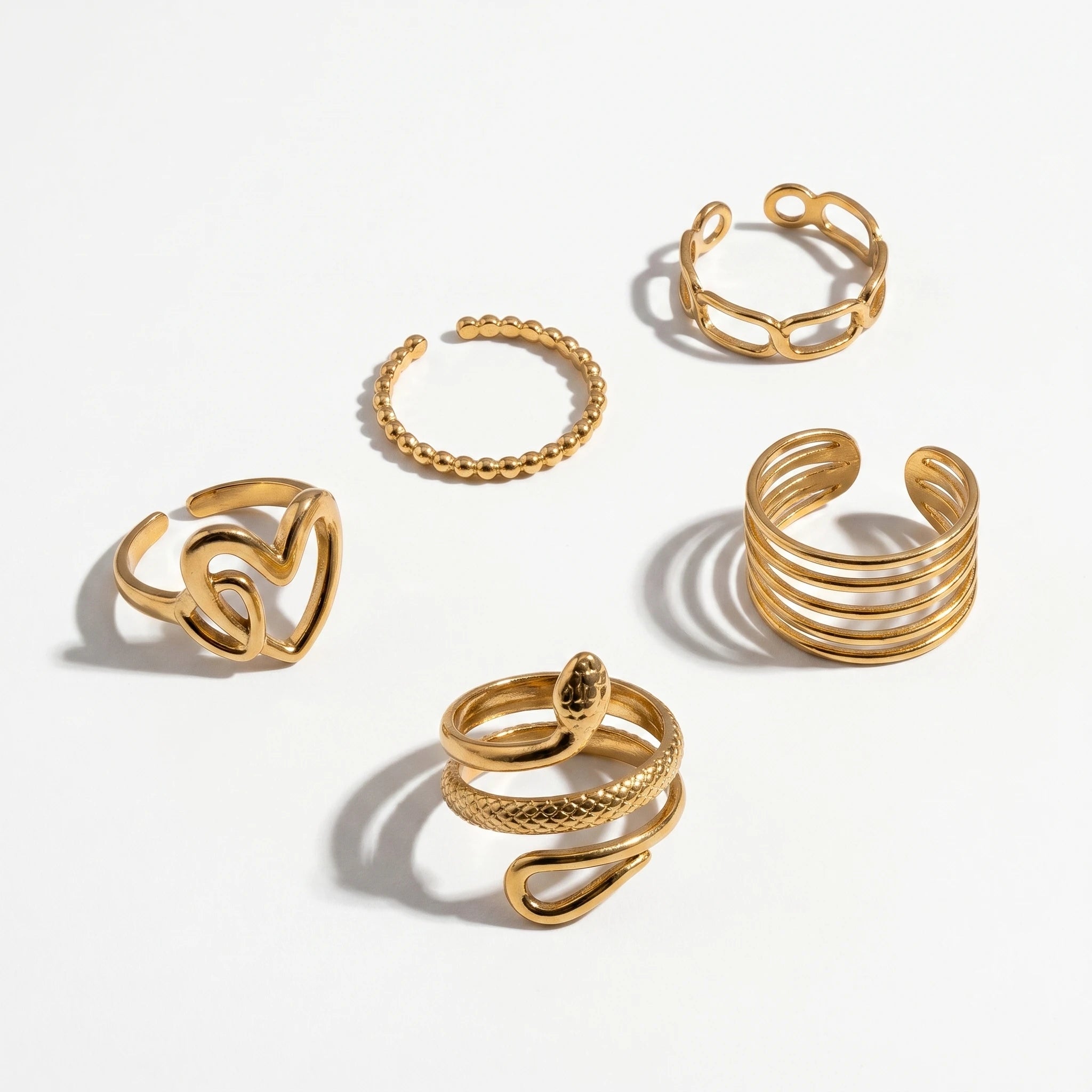 QIAOREN Stainless Steel Stackable Rings Set PVD Gold Plated Adjustable Open Ring Jewelry for Women