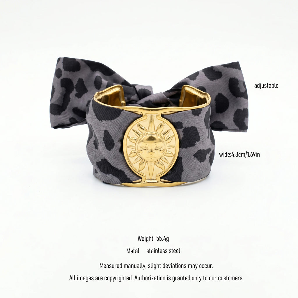 QIAOREN 10991 Boho Leopard Print Scarf Cuff Bracelet Stainless Steel Sun Charm Adjustable Wide Bangle for Women