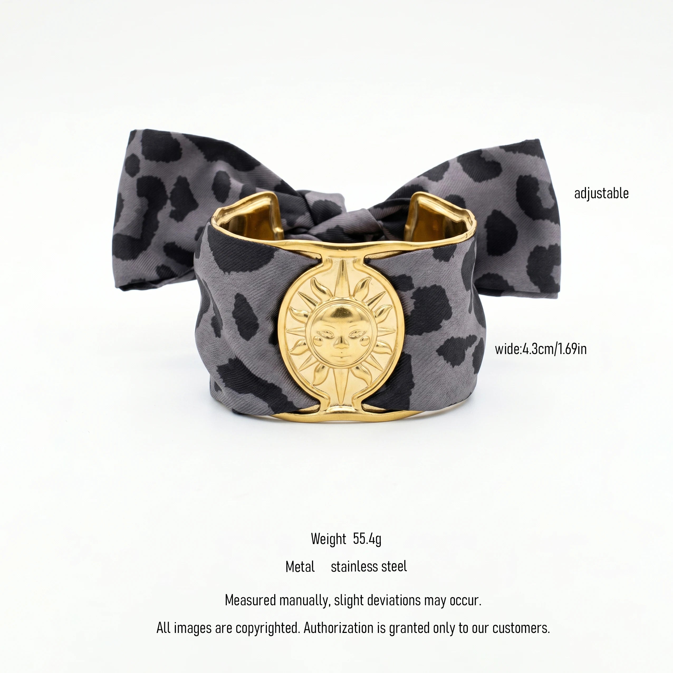 QIAOREN 10991 Boho Leopard Print Scarf Cuff Bracelet Stainless Steel Sun Charm Adjustable Wide Bangle for Women
