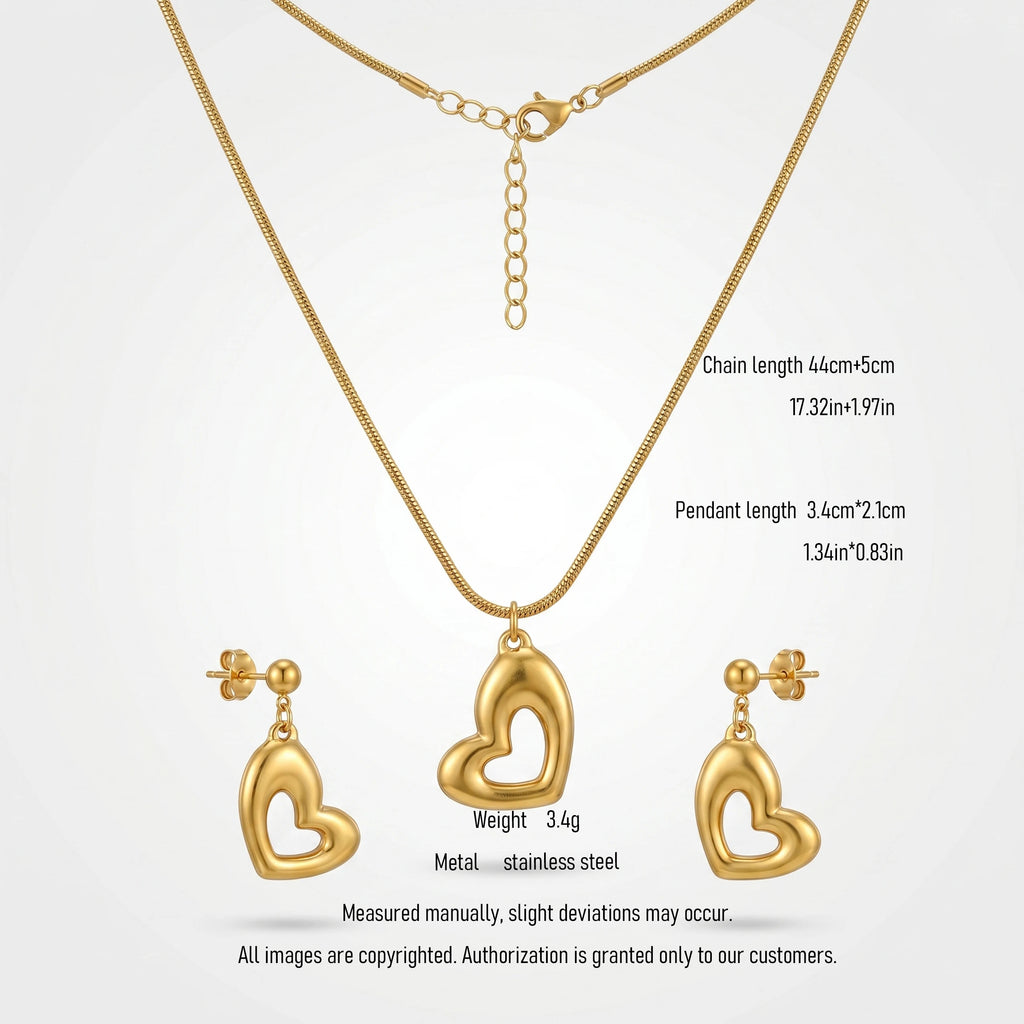QIAOREN 11065 Premium Gold Hollow Heart Pendant Set Stainless Steel Elegant Jewelry for Women and Girls