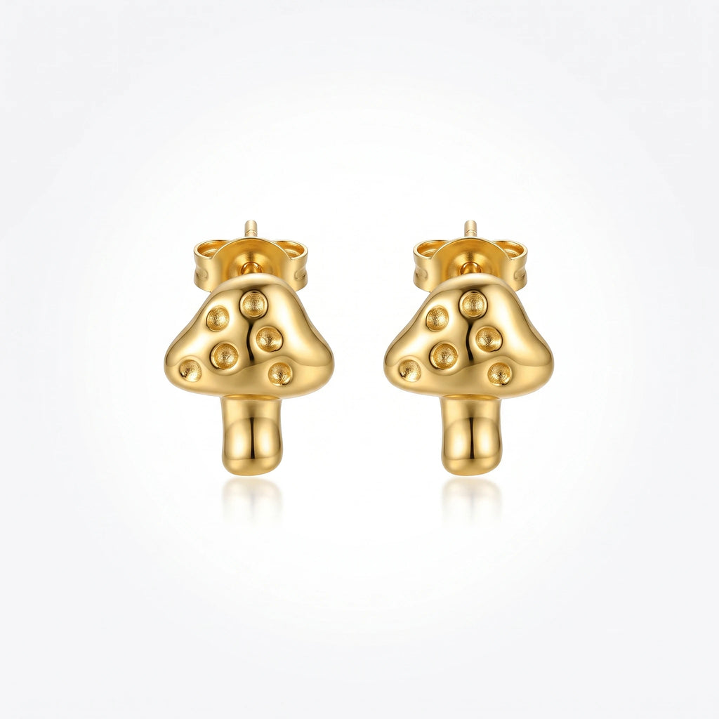 QIAOREN 13242 18K Gold Plated Stainless Steel Mini Mushroom Stud Earrings Cute Polished Spot Mushroom Earring