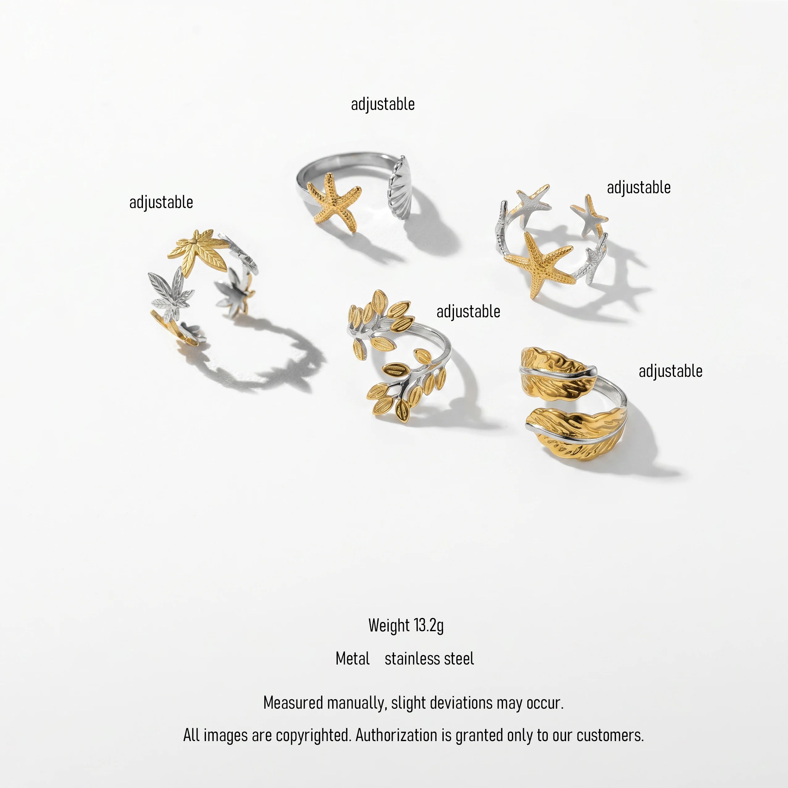 QIAOREN 12959-63 18K Gold Plated 316L Stainless Steel Two Tone Snake Star Adjustable Rings Set Tarnish Free Waterproof Jewelry