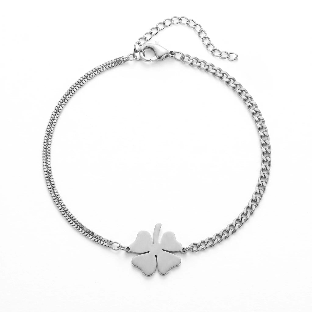 QIAOREN 10778 Dainty 18K Gold Plated Stainless Steel Four Leaf Clover Charm Bracelet Waterproof Double Chain Jewelry