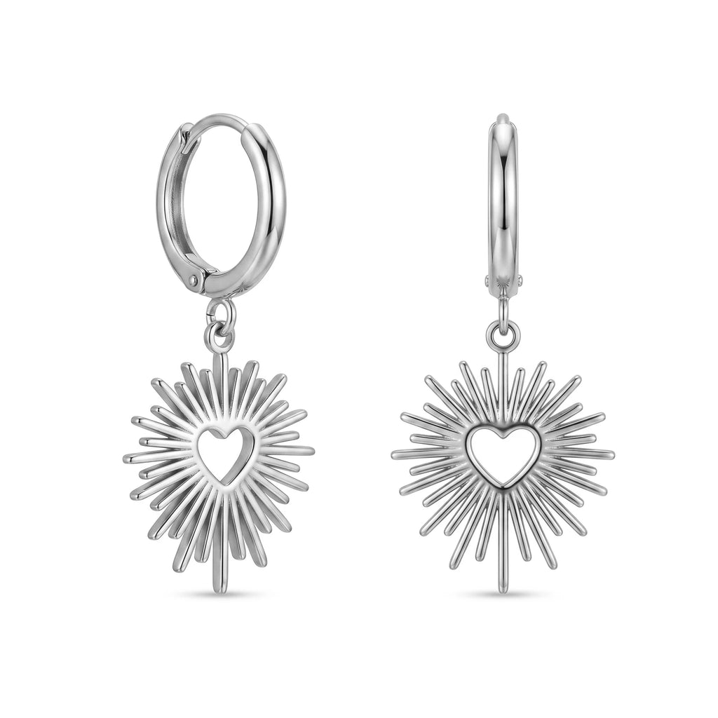 QIAOREN 10965 Romantic Heart Sunburst Earrings, 18K Gold Plated Stainless Steel Chic Statement Jewelry