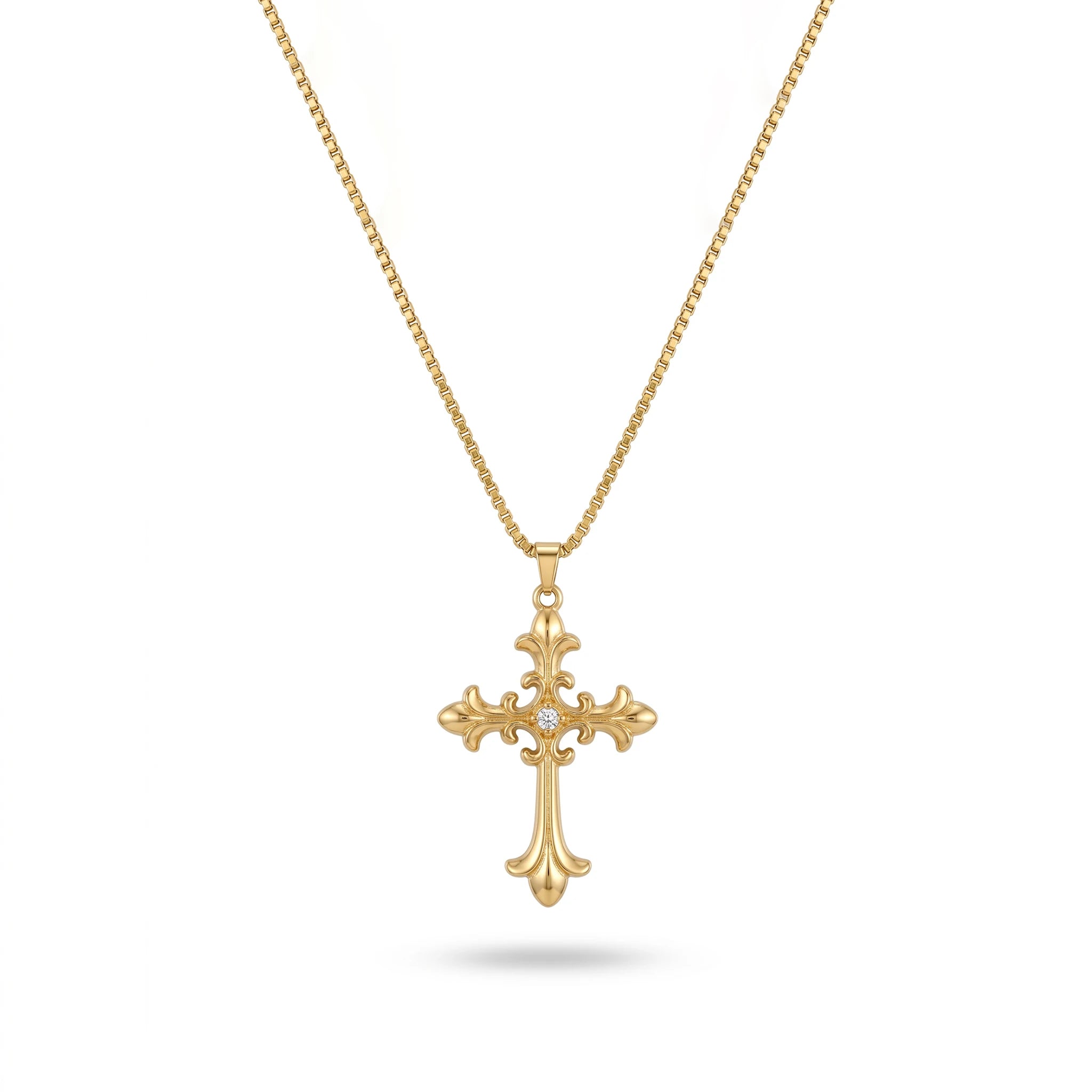 QIAOREN 13157 Gold Plated Vintage Cross Pendant Necklace Stainless Steel Gothic Christian CZ Necklace for Women Men