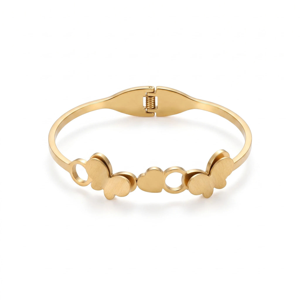 QIAOREN 13657 Spring Cuff Bangle Bracelet with Double Matte Butterfly & Hollow Circle Combined Charms, Polished Thin Bangle