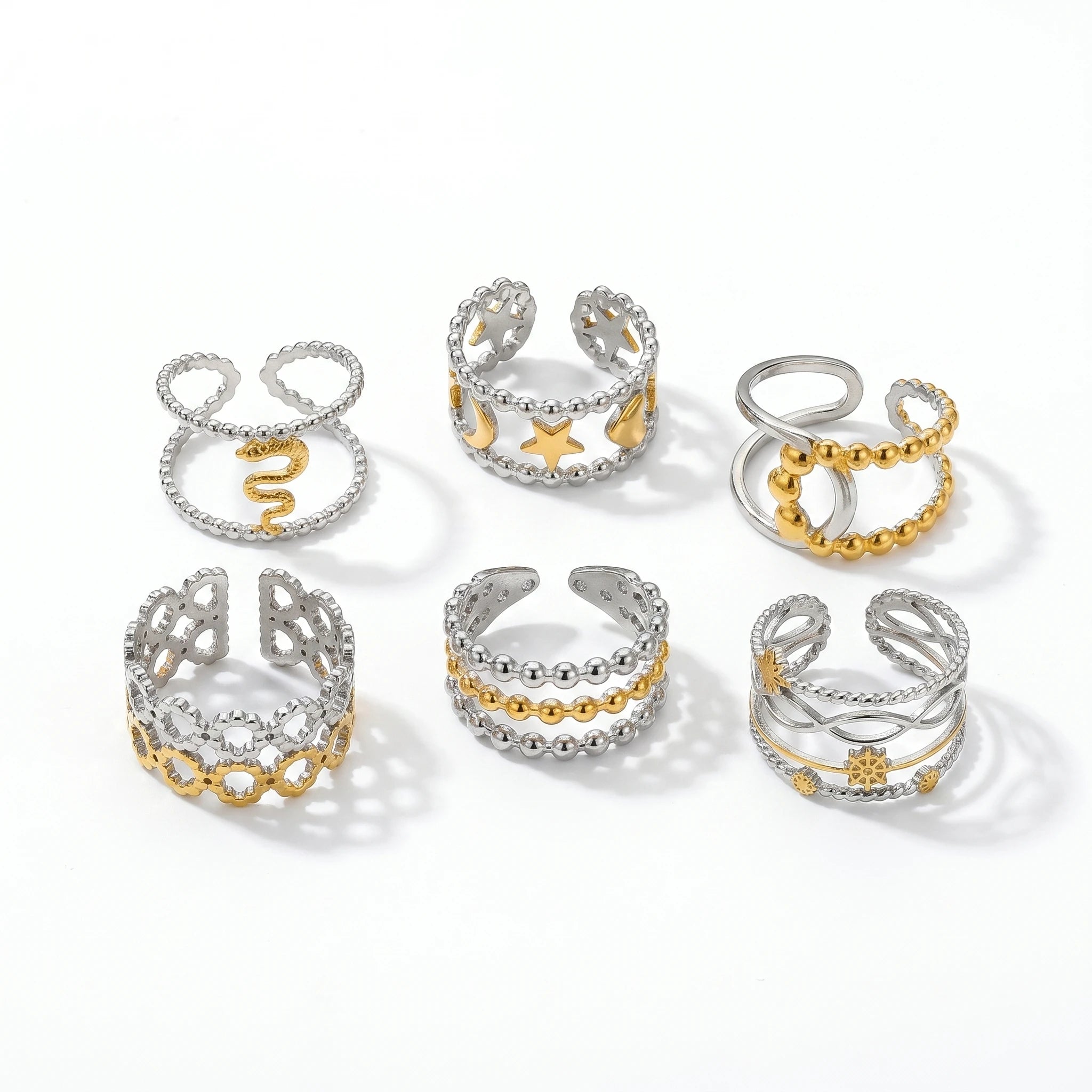 QIAOREN 13010-15 Gold Silver Plated Adjustable Open Stack Ring Set for Women Minimalist Geometric Statement Rings
