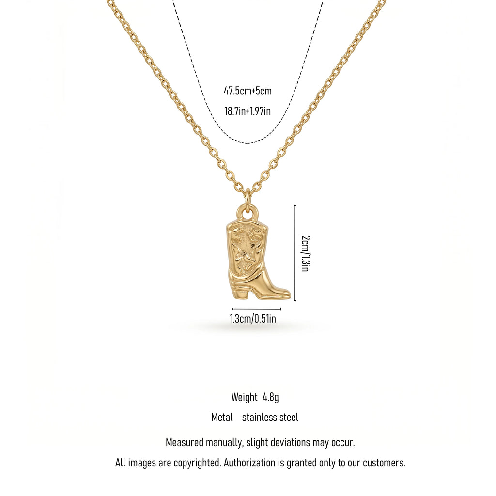 QIAOREN 11745 Edgy Cowboy Boot Pendant Necklace 18K Gold Stainless Steel Minimalist Western Style