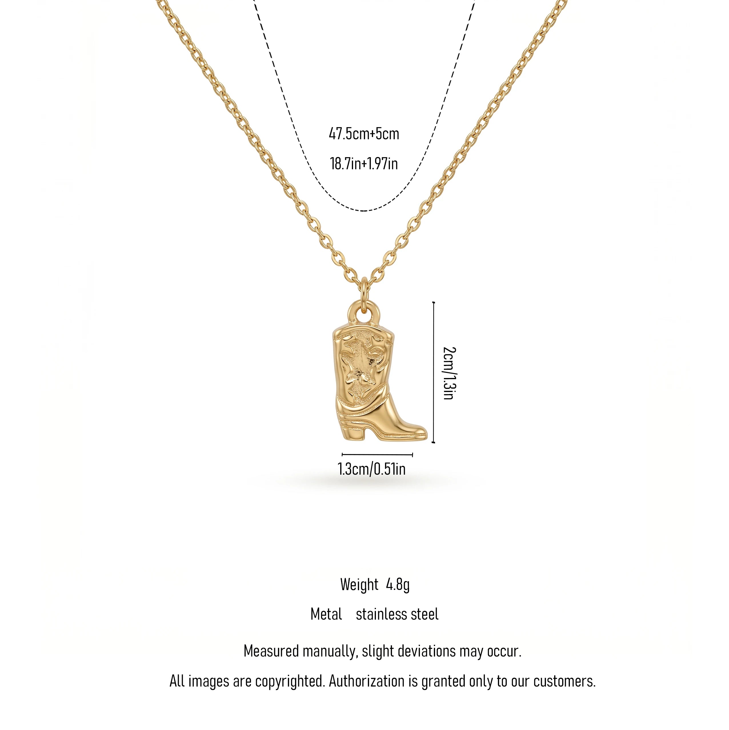 QIAOREN 11745 Edgy Cowboy Boot Pendant Necklace 18K Gold Stainless Steel Minimalist Western Style