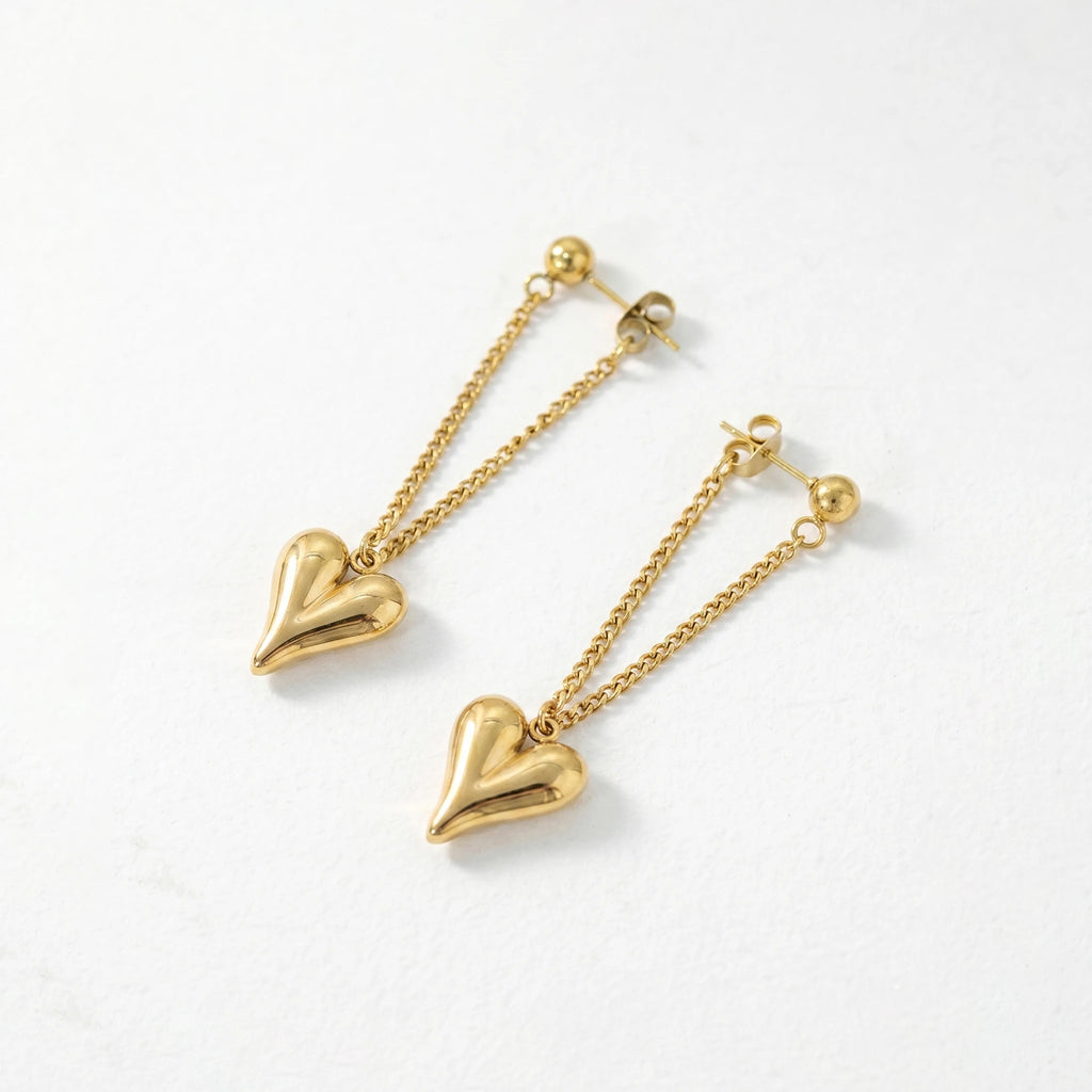 QIAOREN11874 Trendy 3D Puffy Heart Chain Earrings Stainless Steel Gold Ball Stud Bold Love Dangle Jewelry for Women US EU
