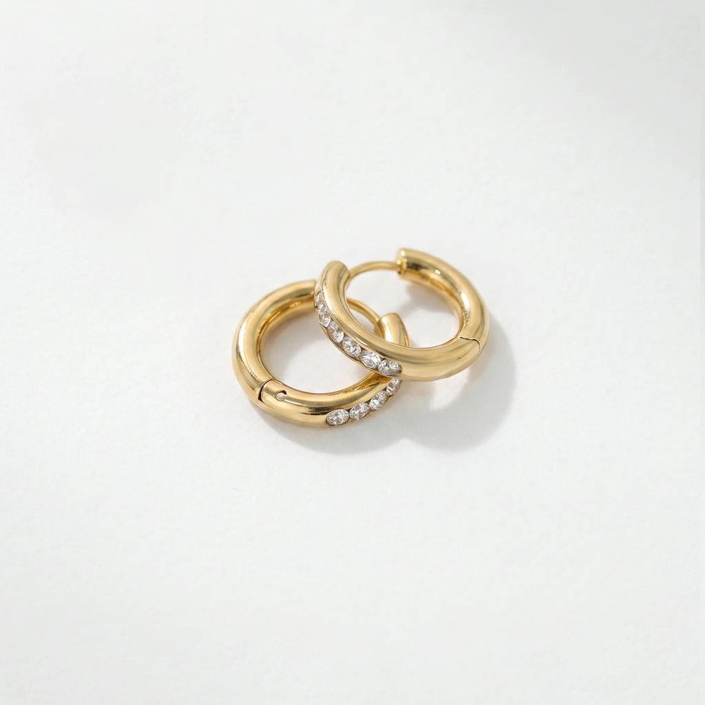 QIAOREN 12341 Dainty Round CZ Huggie Hoop Earrings Gold Stainless Steel Tiny Flush Set Crystal Mini Hoops Stackable Jewelry US