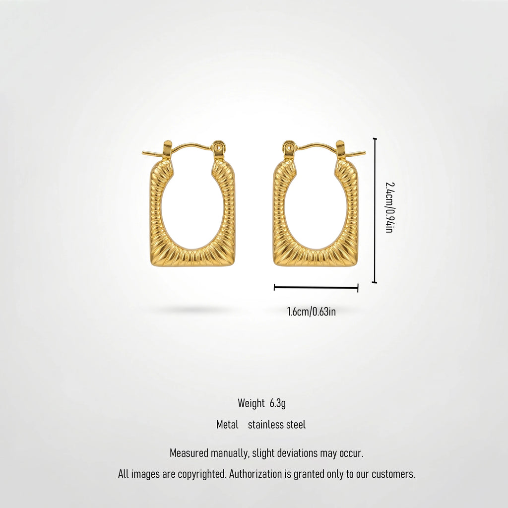 QIAOREN 12529 Waterproof Tarnish Free Ribbed Gold Earrings Stainless Steel Bold Fluted Rectangular Hoops Women US EU
