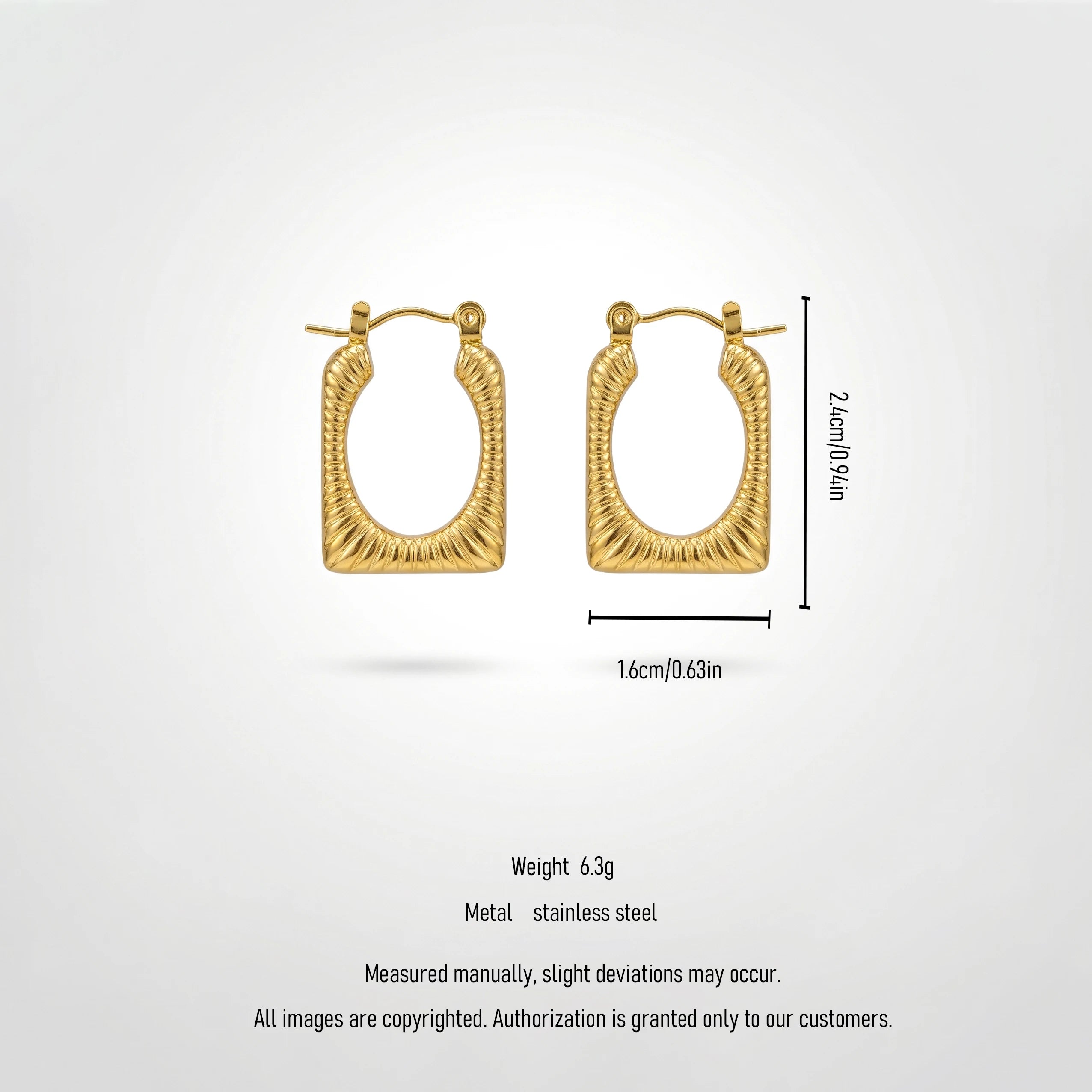 QIAOREN 12529 Waterproof Tarnish Free Ribbed Gold Earrings Stainless Steel Bold Fluted Rectangular Hoops Women US EU