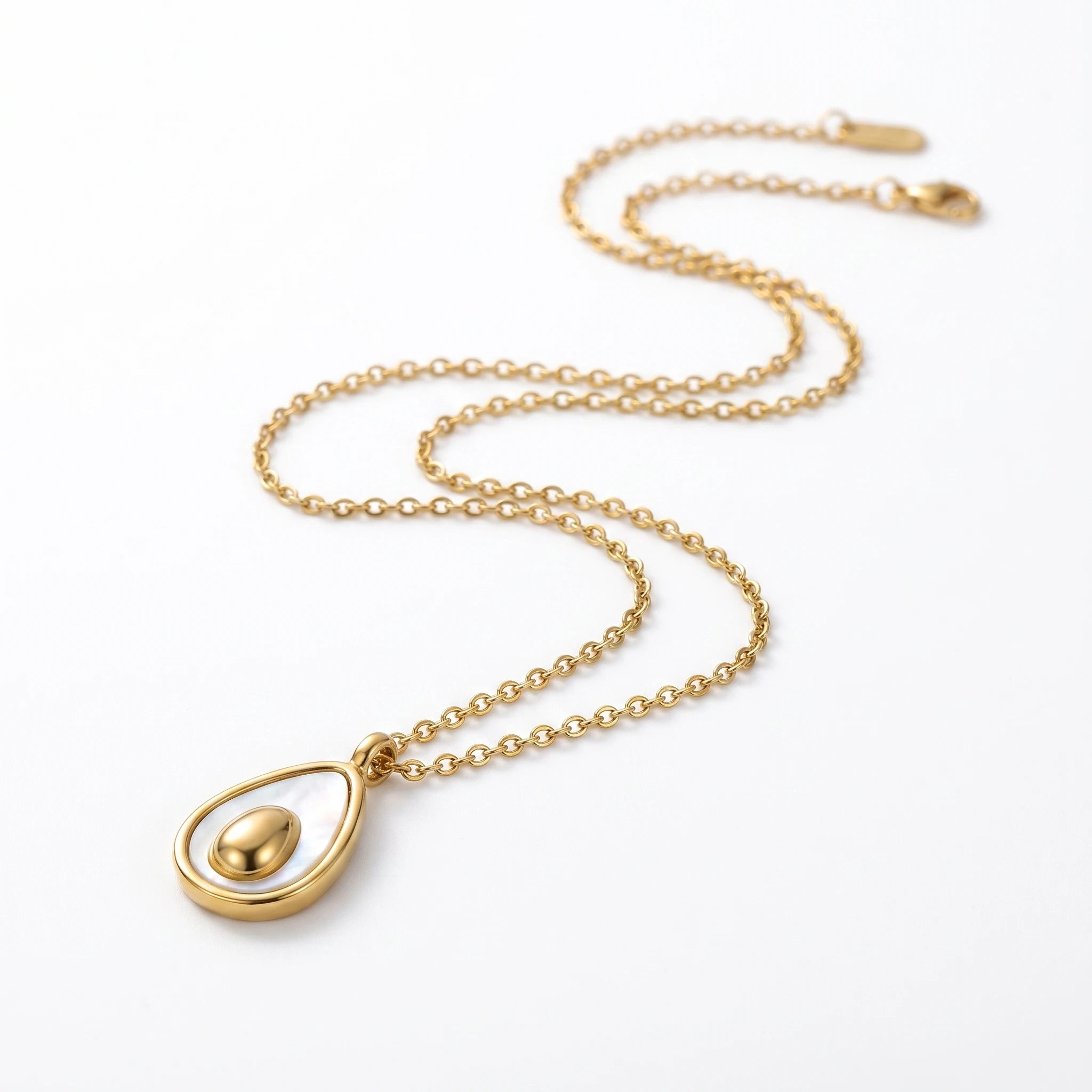 QIAOREN 13536 Dainty Teardrop White Shell Inlay Pendant Necklace with Solid Oval Gold Center Charm, Thin Cable Chain Necklace