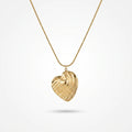 QIAOREN 13934 Smooth Snake Chain Pendant Necklace with Textured Wavy Line 3D Heart Charm, Polished Gold Modern Abstract Love