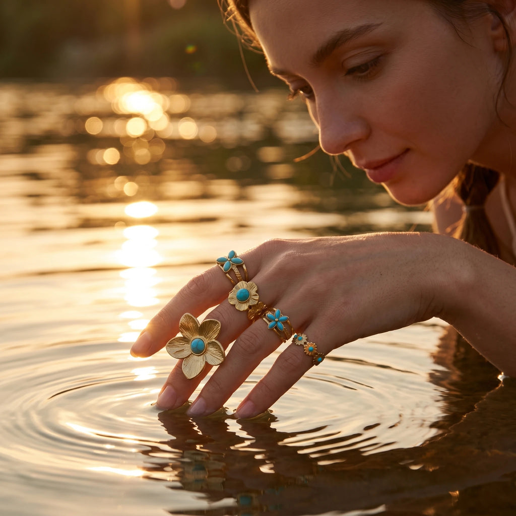 QIAOREN 13166-70 5Pcs Gold Stainless Steel Turquoise Open Ring Set Irregular Hammered Crown Adjustable Boho Stackable Rings