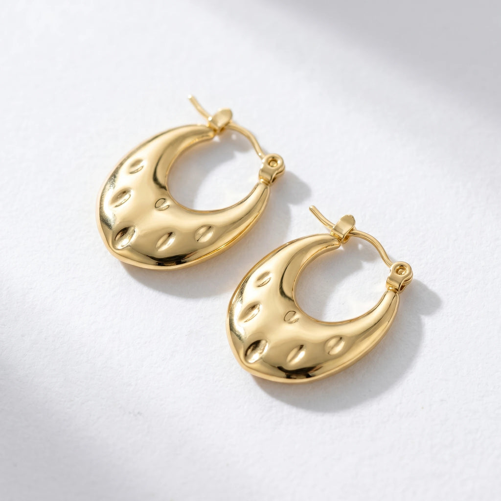 QIAOREN 12495 Elegant Bold Indented  Earrings Gold Stainless Steel 3D Sculptural Statement Gift Women