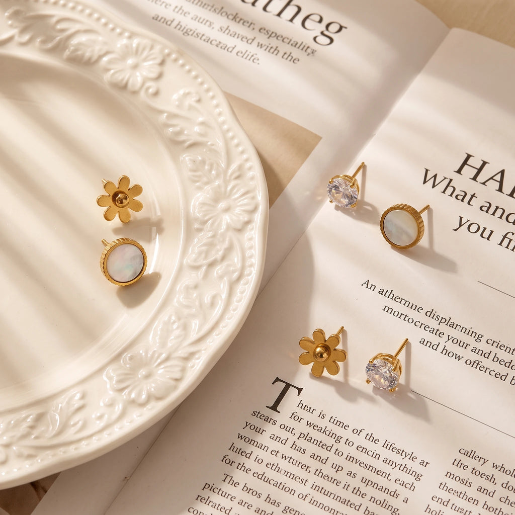 QIAOREN 14467 3 Pair Gold Stainless Steel Stud Earrings Set, Matte Flower Studs, Round Quartz Studs & Prong Set CZ Studs