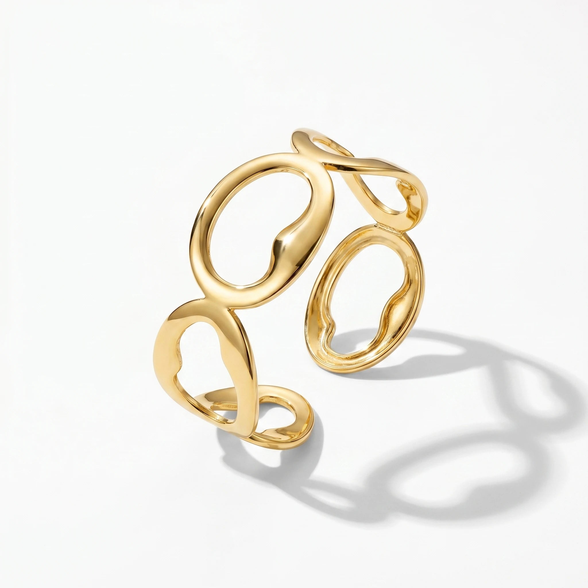 QIAOREN 12702 18K Gold Polished Irregular Linked Oval Hollow Wide Open Cuff Bracelet Stainless Steel Abstract Loop Adjustable