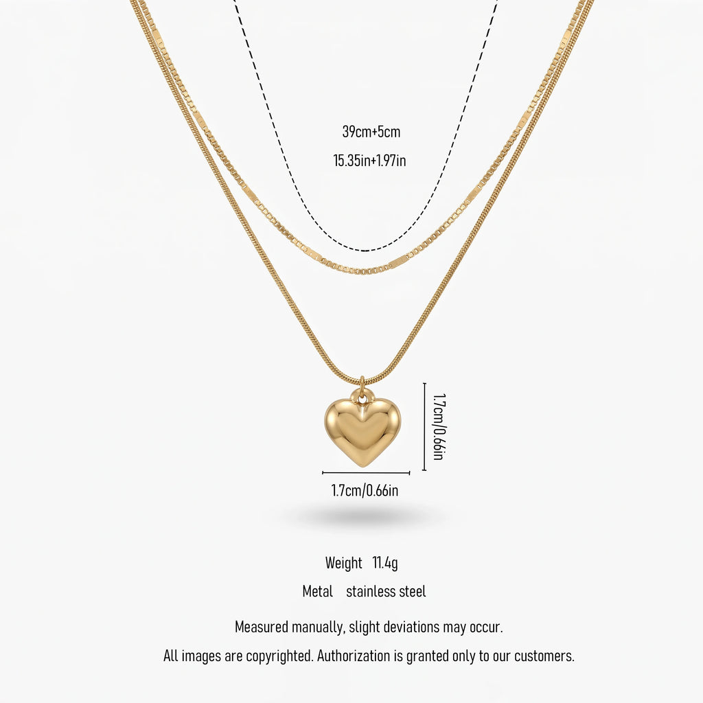 QIAOREN 11235 18K Gold Plated Double Layer Stainless Steel Heart Pendant Necklace Tarnish Free Waterproof Jewelry for Women