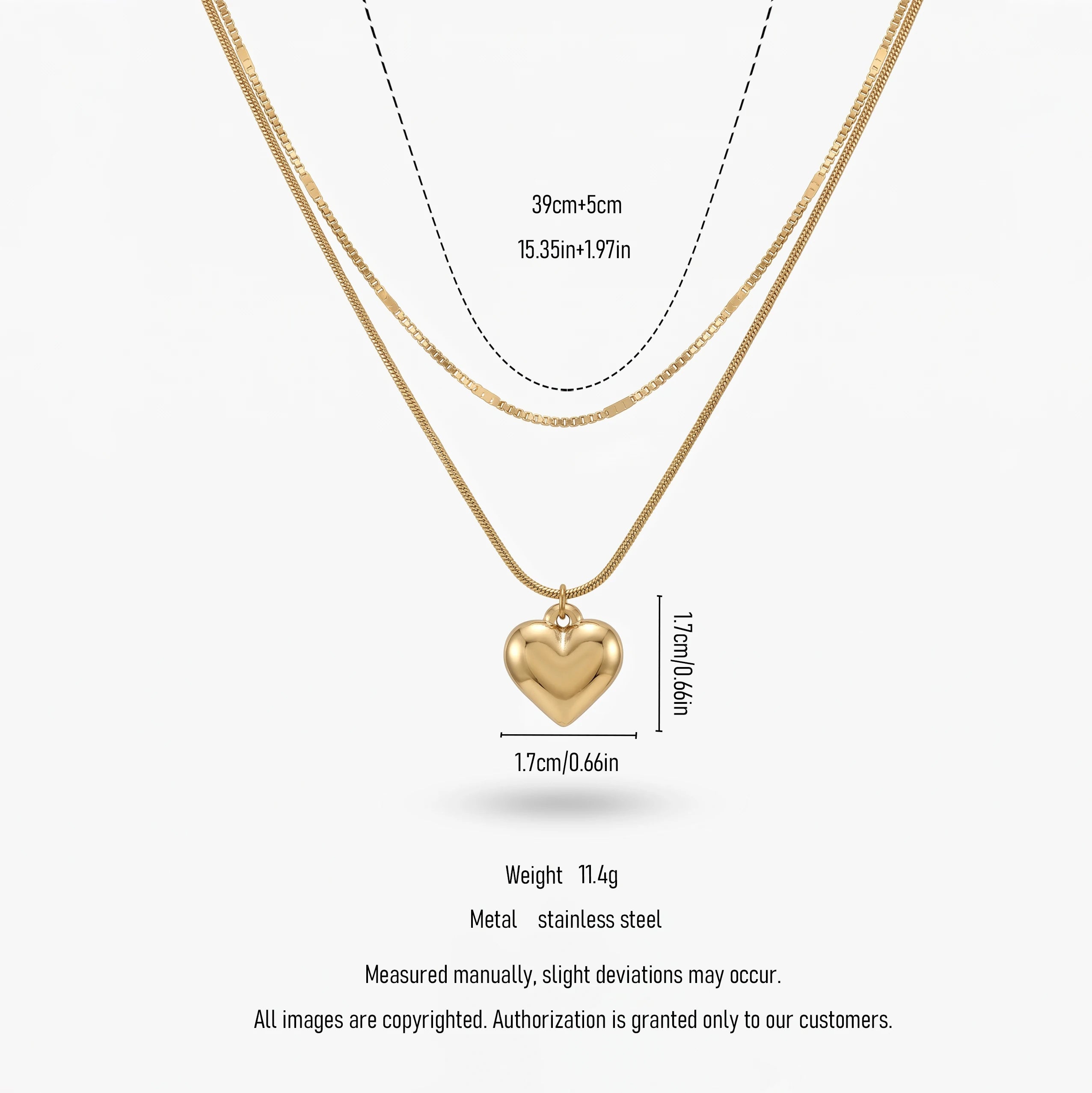 QIAOREN 11235 18K Gold Plated Double Layer Stainless Steel Heart Pendant Necklace Tarnish Free Waterproof Jewelry for Women