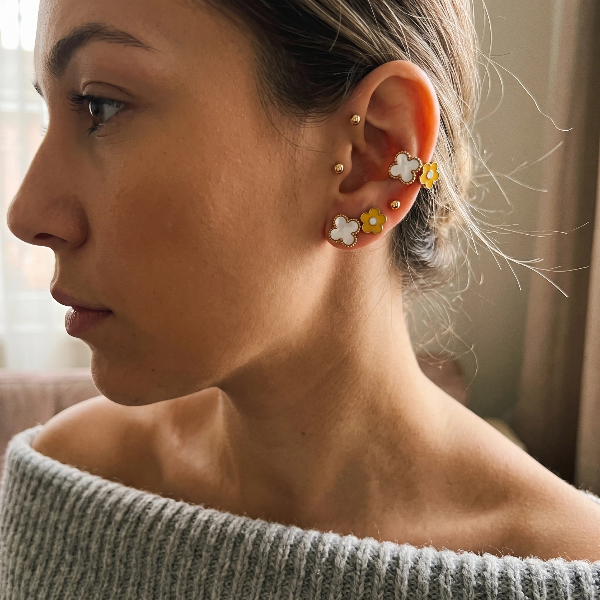 QIAOREN 14506 Stainless Steel Yellow Flower White Quartz Clover Tiny Ball Studs Multi Pack Daily Fashion Jewelry Gift
