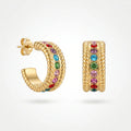 QIAOREN 12427Waterproof Tarnish Free Twisted Cable Border Earrings Stainless Steel Gold Multicolor CZ Half Hoop Studs Women