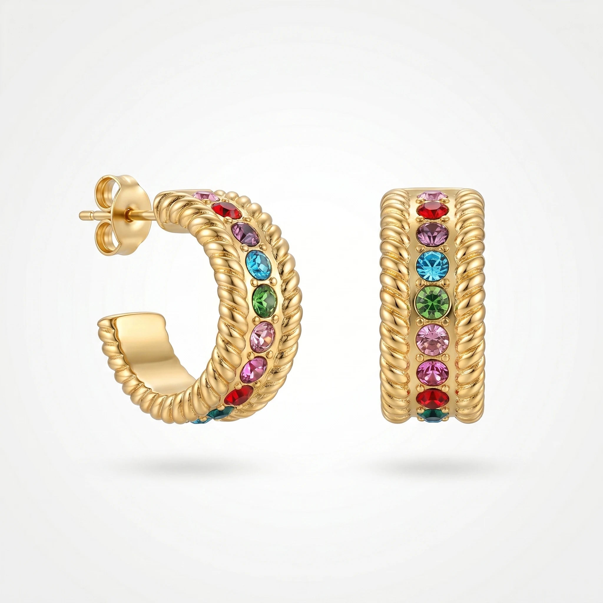 QIAOREN 12427Waterproof Tarnish Free Twisted Cable Border Earrings Stainless Steel Gold Multicolor CZ Half Hoop Studs Women