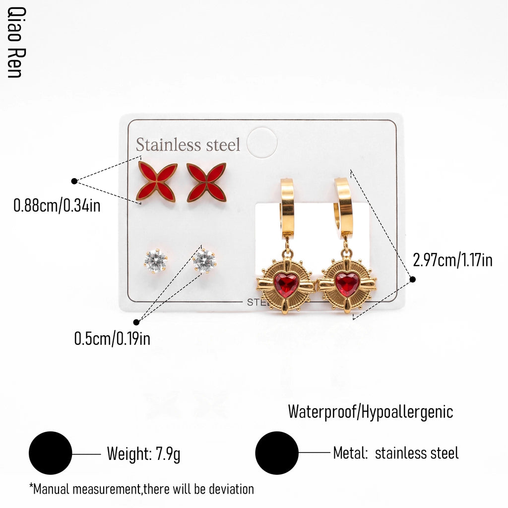 QIAOREN 14521 Waterproof Stainless Steel Earrings Set Heart Butterfly Hoop Stud Earrings CZ Crystal Hypoallergenic Jewelry Women