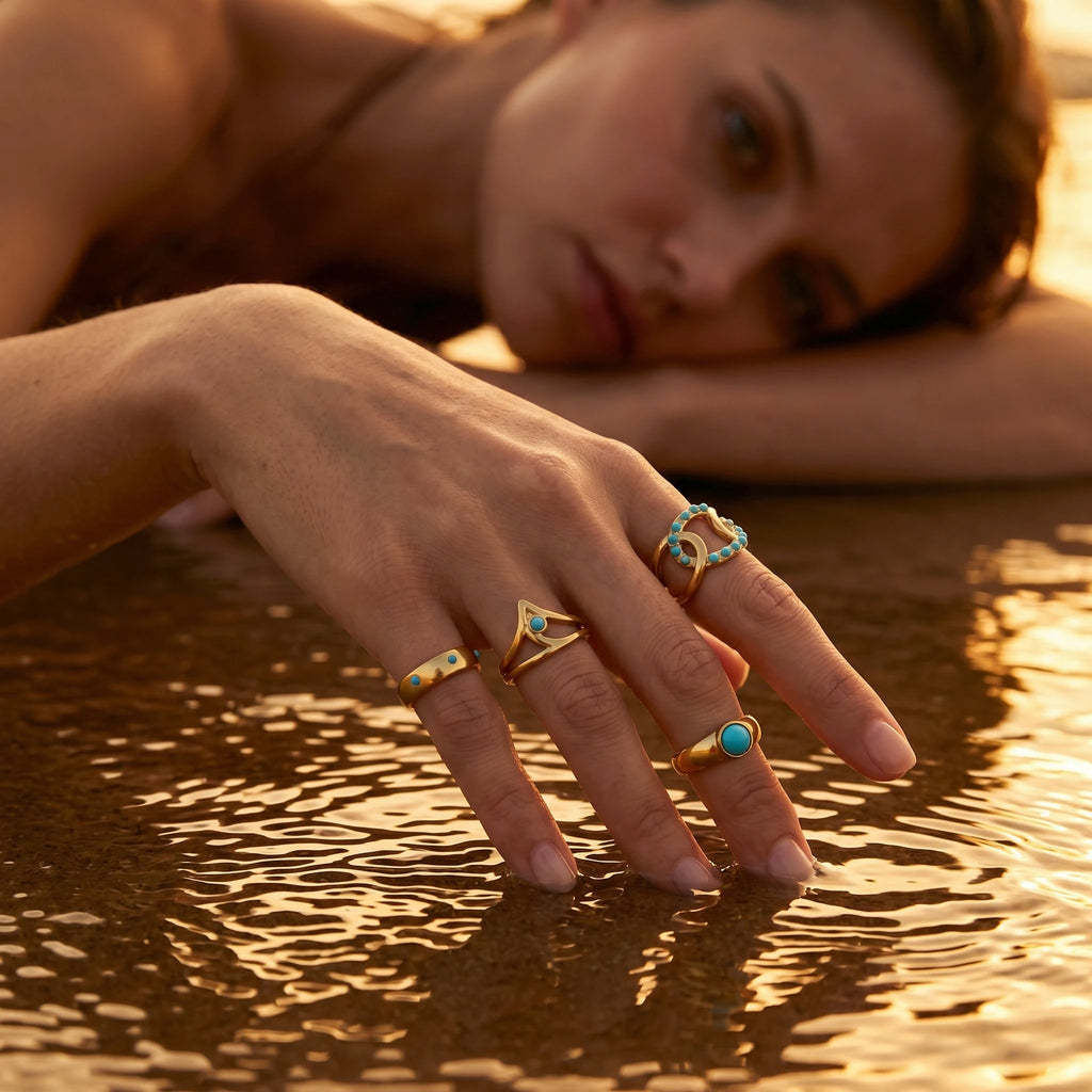 QIAOREN 5Pcs Gold Stainless Steel Turquoise Open Ring Set Irregular Hammered Crown Adjustable Boho Stackable Rings