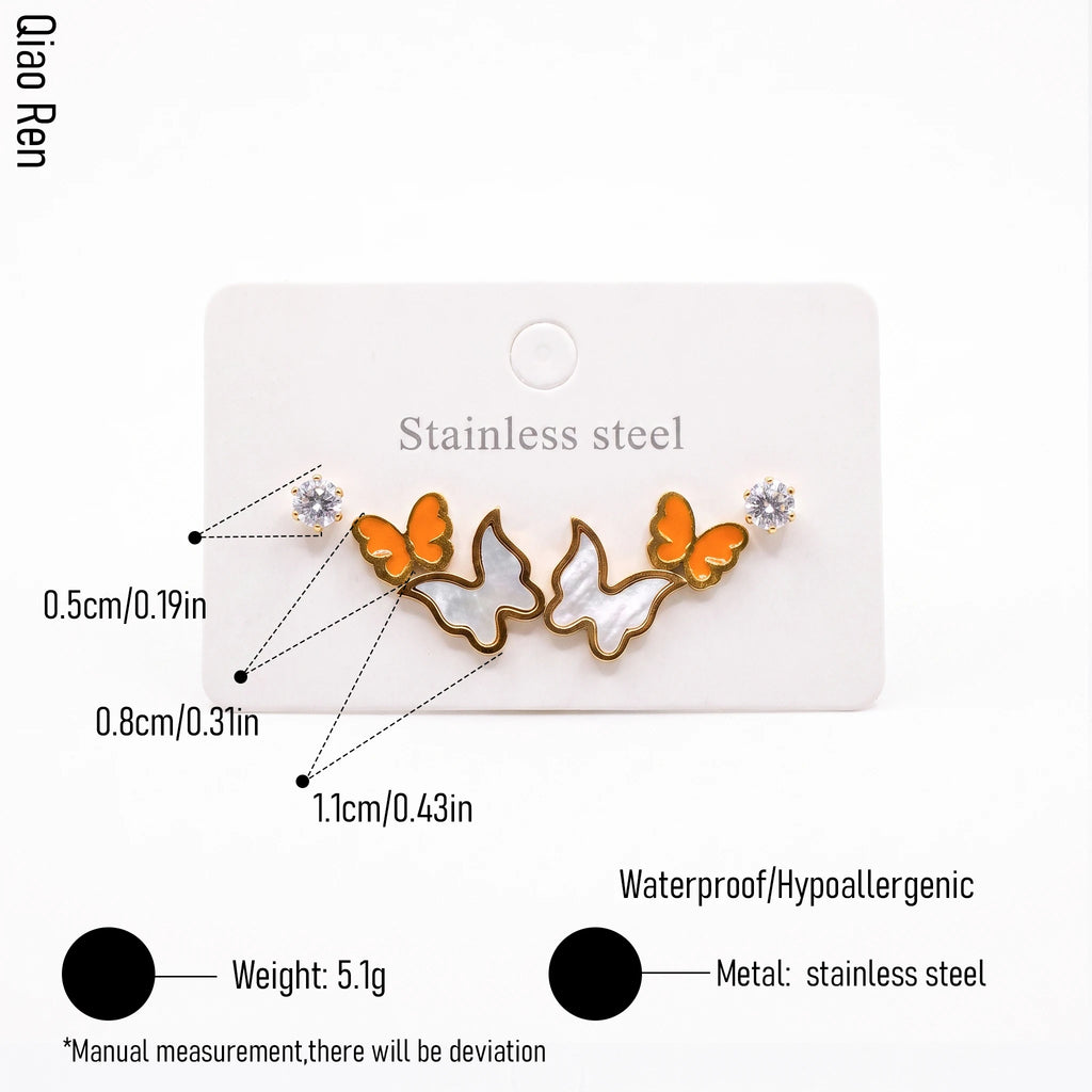 QIAOREN 14513 Stainless Steel Butterfly Earrings CZ Stud Earrings Enamel Design Waterproof Hypoallergenic Jewelry Women
