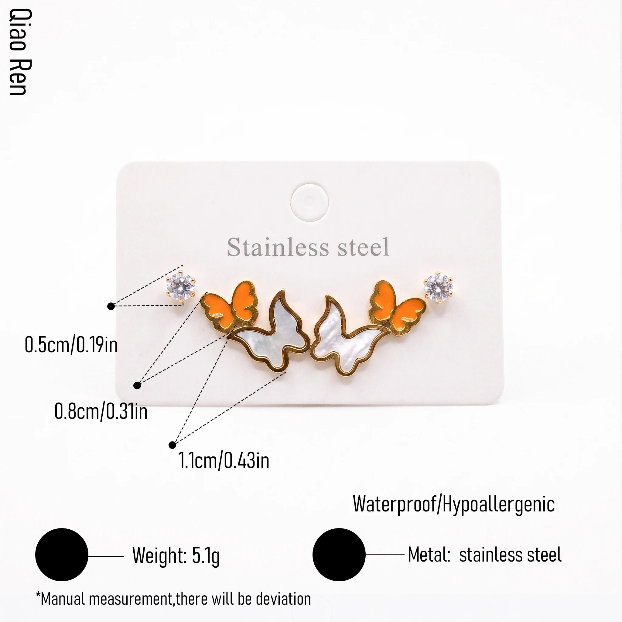 QIAOREN 14513 Stainless Steel Butterfly Earrings CZ Stud Earrings Enamel Design Waterproof Hypoallergenic Jewelry Women