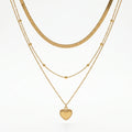 QIAOREN 12852 18K Gold Plated Layered Heart Necklace, Herringbone Snake Chain Beaded Pendant, Waterproof Stainless Steel Jewelry